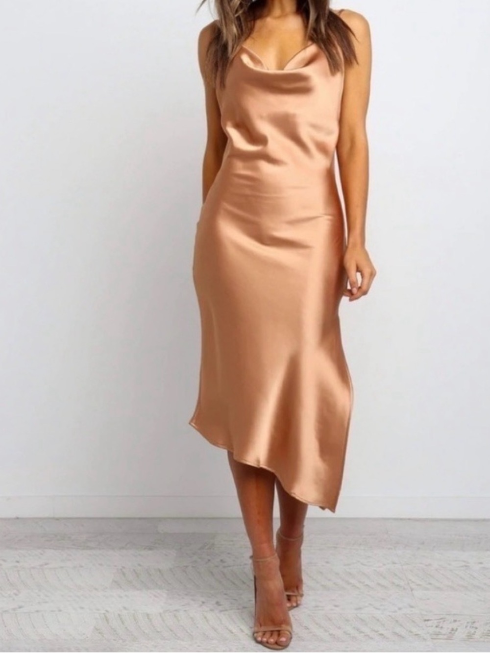 New! Princess Polly Asymmetrical  Slip Dress in Champagne Gold